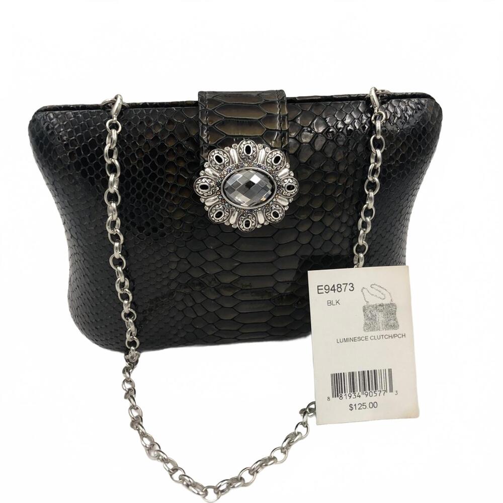 Brighton Luminesce Black Python Snake Skin Clutch Crystal Brooch NWT Evening Bag